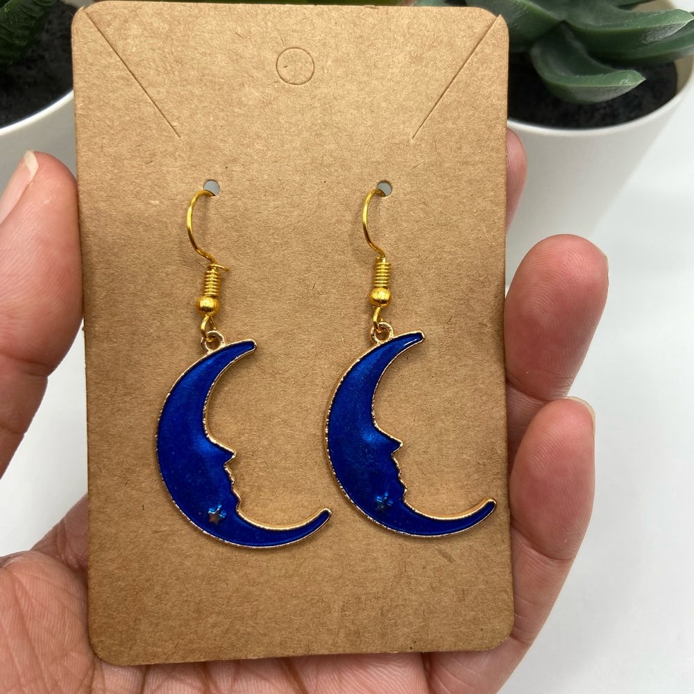 🌙 Blue Plated Enamel Moon Celestial Drop Earrings🌙
